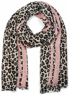 Leopard print scarf with pink stripes.