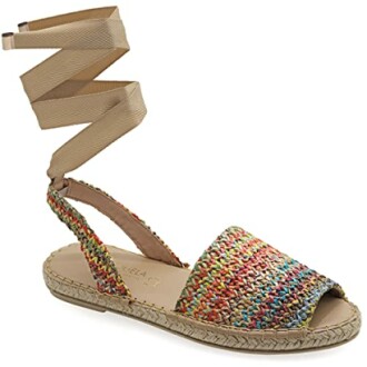 Multicolor woven espadrille sandal with ankle wrap.