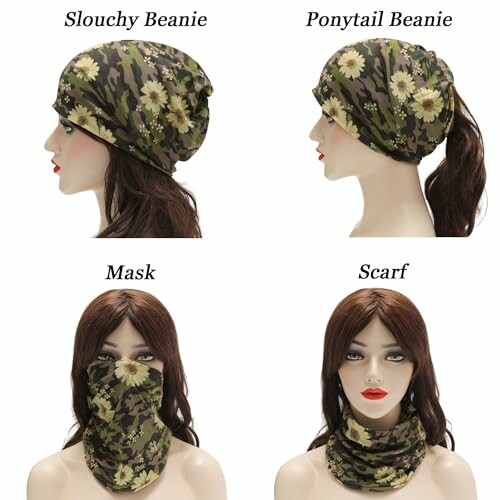 Four styles of wearing a floral camo beanie: slouchy, ponytail, mask, and scarf.