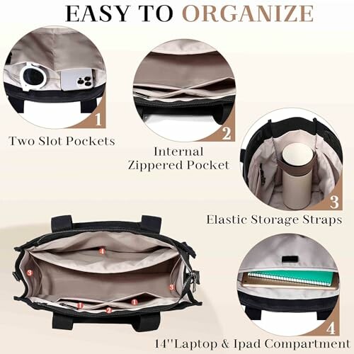 Bag with pockets, zippered pocket, storage straps, and laptop compartment