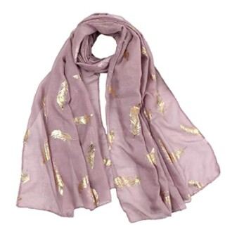 Pink scarf with gold feather pattern