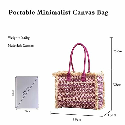 Portable minimalist canvas bag with dimensions and weight.
