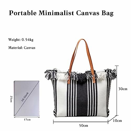Striped canvas bag with brown handles, dimensions and weight shown.