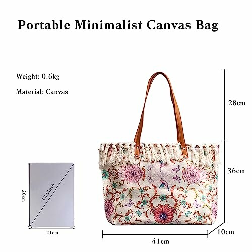 Portable minimalist canvas bag with floral design and dimensions.