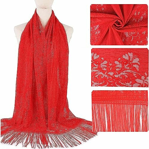 Red lace scarf with floral patterns and fringes displayed on a mannequin.