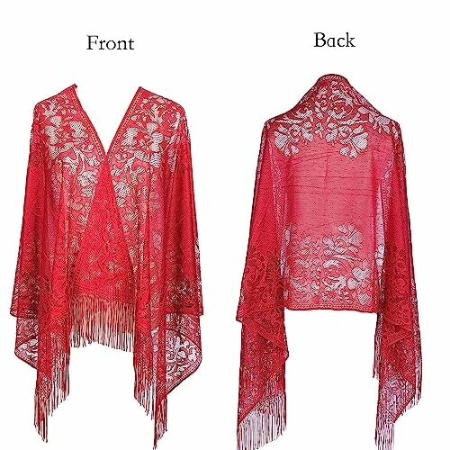 Red lace shawl with fringe, front and back view