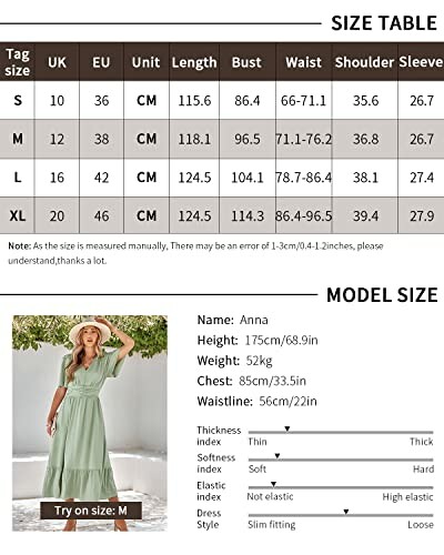 Dress size chart with model measurements for guidance.