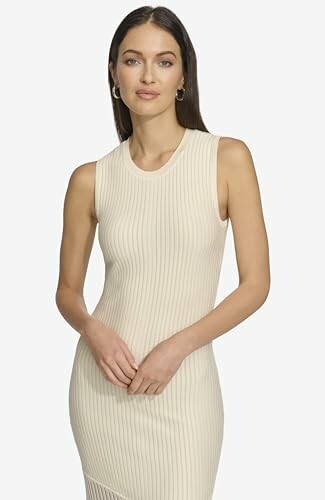 Woman wearing a sleeveless ribbed dress
