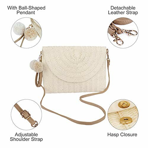 Straw crossbody bag with ball-shaped pendant, detachable leather strap, adjustable shoulder strap, and hasp closure.