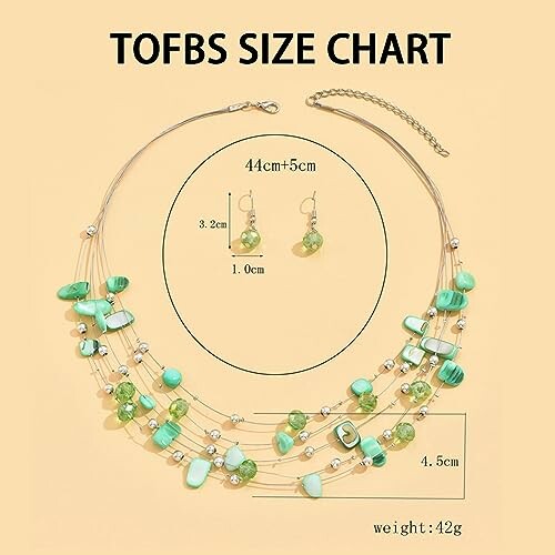 Size chart for a necklace with matching earrings, featuring green and silver beads.