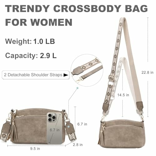 Trendy crossbody bag for women with detachable straps and phone holder.
