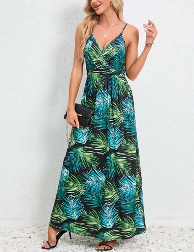 Woman wearing a tropical leaf print maxi dress with black clutch