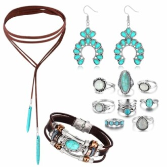 Collection of turquoise jewelry including necklace, earrings, rings, and bracelet.