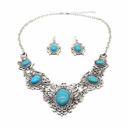 Silver necklace and earrings with turquoise stones
