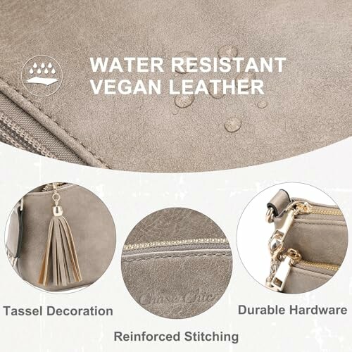 Vegan leather bag features: water resistant, tassel decoration, reinforced stitching, durable hardware.