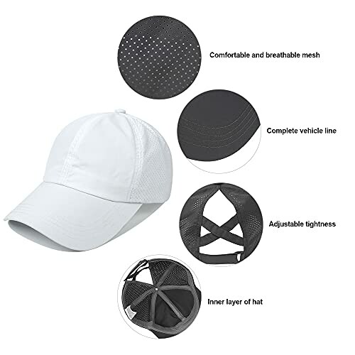 White baseball cap with mesh, tightness adjustment, and inner layer features.