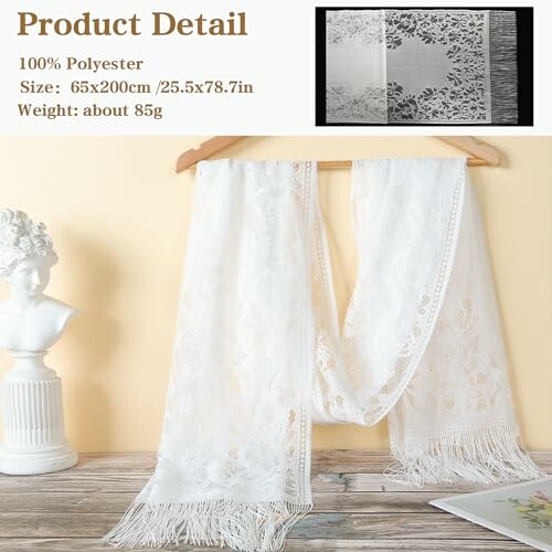 White lace scarf hanging on a wooden hanger with product details.