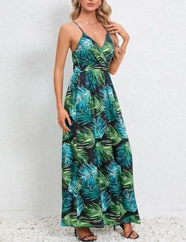 Woman wearing a tropical print maxi dress
