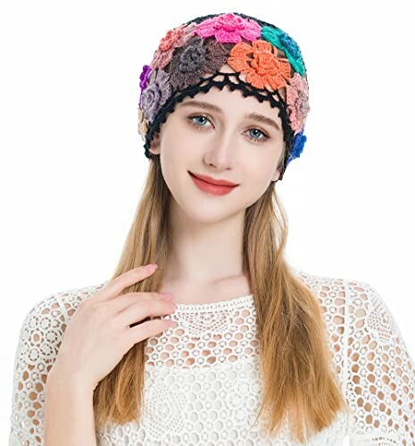 Woman wearing a colorful crochet hat with floral design