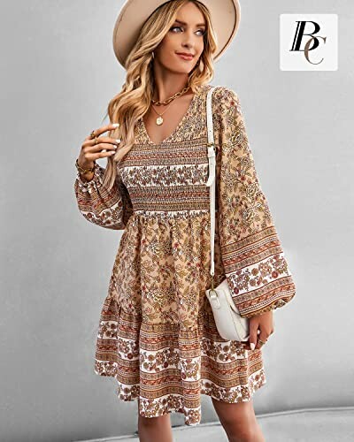 Woman in a floral pattern dress with a hat and purse.