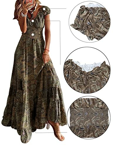 Close-up of the fabric details on a bohemian-style maxi dress