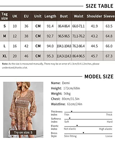 Women's dress size chart and model size information.