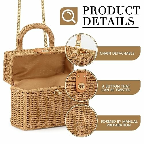 Woven bag with detachable chain and twistable button.