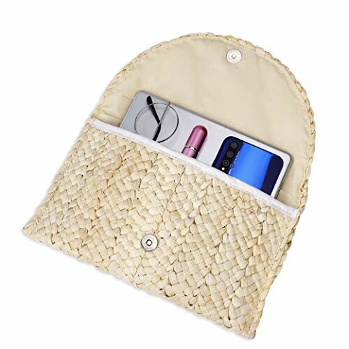 Open woven clutch bag containing a smartphone, lipstick, and sunglasses.