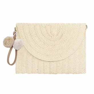 Woven clutch bag with pom-pom keychain.