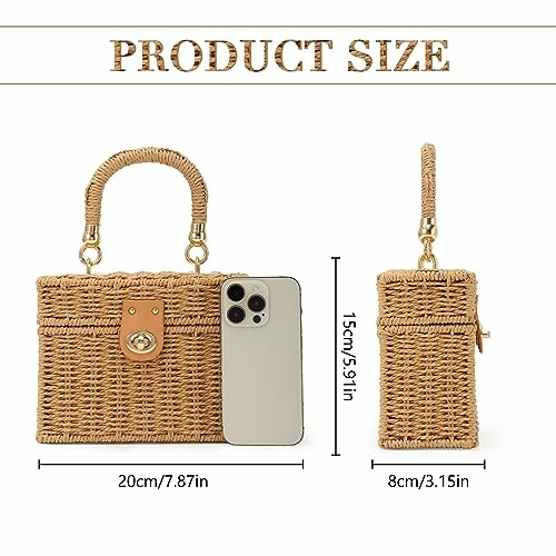 Woven handbag with phone for size comparison, dimensions shown.