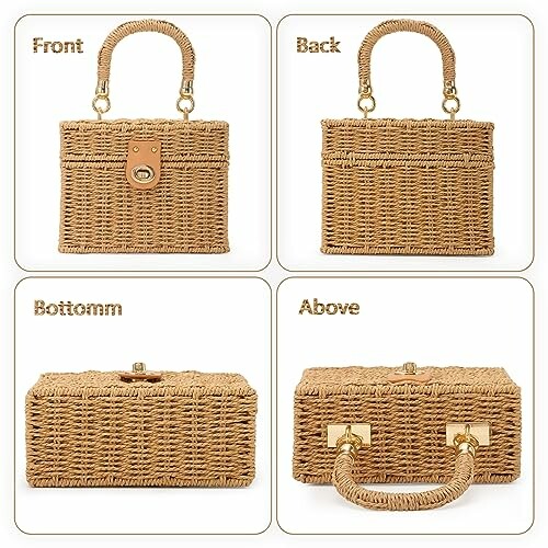 Woven rattan handbag shown from front, back, bottom, and above angles.